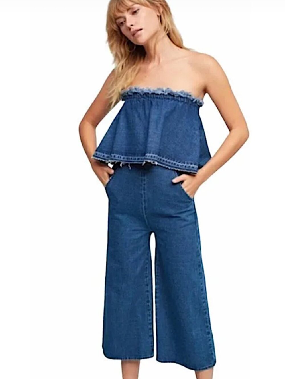 JOA LA Wide Leg Cropped Strapless Denim Jumpsuit